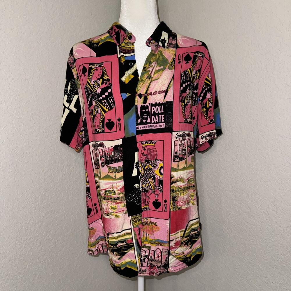Guess Shirt Men’s Large Pink Casino Card Print Short Sleeve Button Up